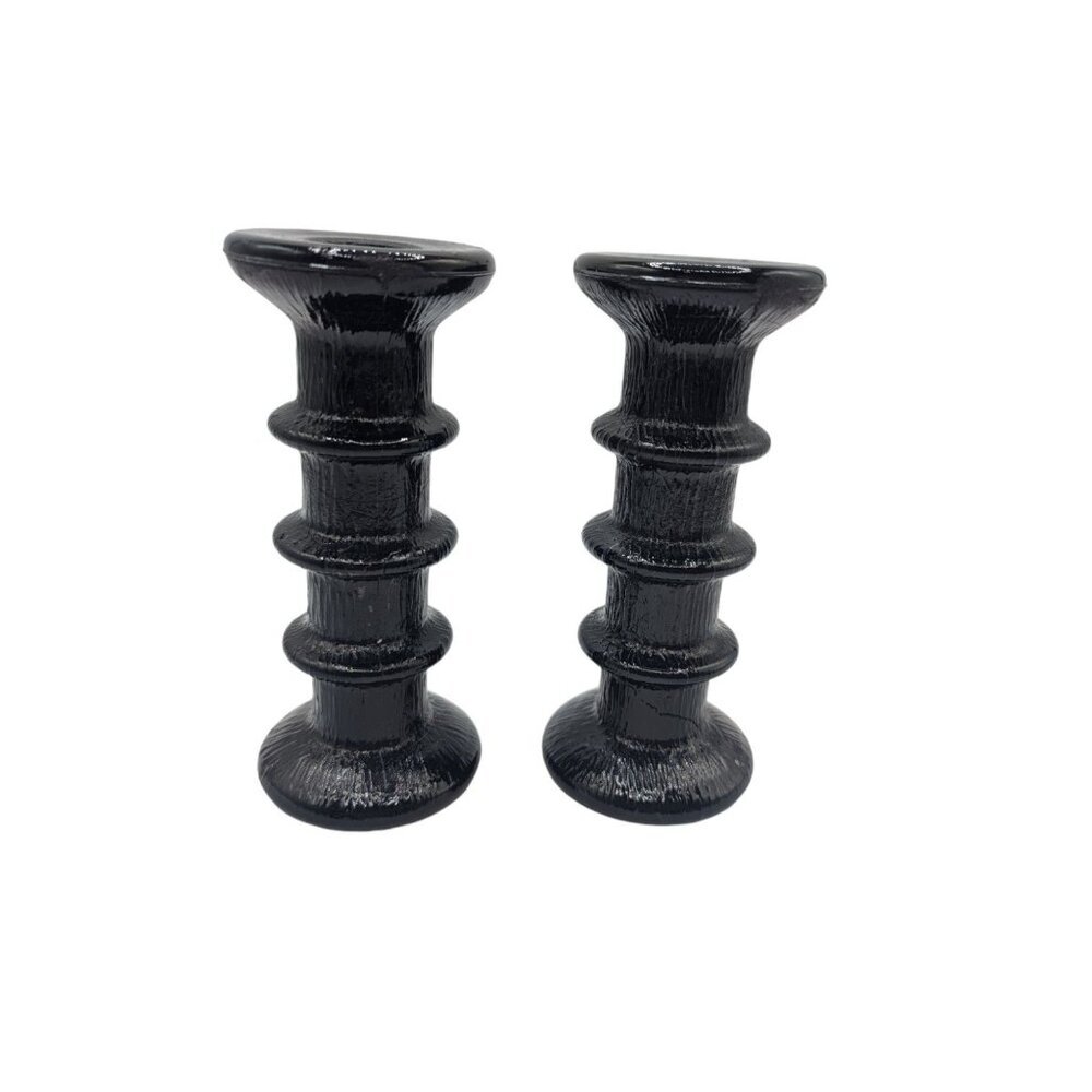 Pair Of Vintage Black Glass Candle Holders Textured Finish 6" Tall